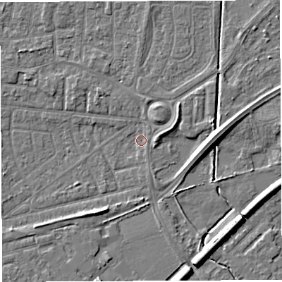 Shaded relief map of the ground around WA27TH, computed from Environment Agency LiDAR. The ground here sits at about 8 m above sea level and falls 7 m across the surrounding 800 m. Surface water reaching this point runs off ground lying to the east, 5.4 m higher.