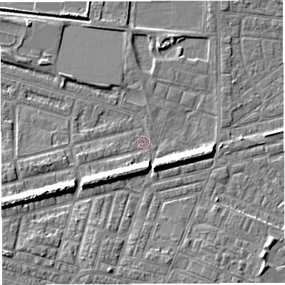 Shaded relief map of the ground around WA28AB, computed from Environment Agency LiDAR. The ground here sits at about 8 m above sea level and falls 11 m across the surrounding 800 m. Surface water reaching this point runs off ground lying to the west-south-west, 8.8 m higher.