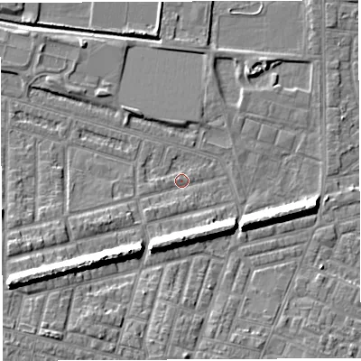 Shaded relief map of the ground around WA28AF, computed from Environment Agency LiDAR. The ground here sits at about 8 m above sea level and falls 11 m across the surrounding 800 m. Surface water reaching this point runs off ground lying to the south-west, 9.2 m higher.
