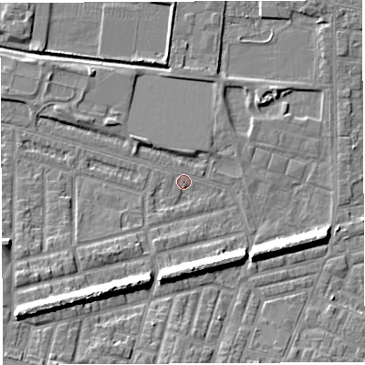 Shaded relief map of the ground around WA28AG, computed from Environment Agency LiDAR. The ground here sits at about 8 m above sea level and falls 11 m across the surrounding 800 m. Surface water reaching this point runs off ground lying to the south-west, 9.3 m higher.