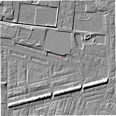 Shaded relief map of the ground around WA28AH, computed from Environment Agency LiDAR. The ground here sits at about 8 m above sea level and falls 11 m across the surrounding 800 m. Surface water reaching this point runs off ground lying to the south-west, 9.3 m higher.
