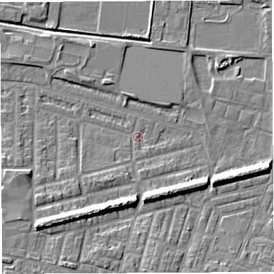 Shaded relief map of the ground around WA28AJ, computed from Environment Agency LiDAR. The ground here sits at about 8 m above sea level and falls 11 m across the surrounding 800 m. Surface water reaching this point runs off ground lying to the south-west, 9.5 m higher.