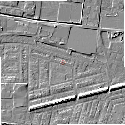 Shaded relief map of the ground around WA28AL, computed from Environment Agency LiDAR. The ground here sits at about 8 m above sea level and falls 11 m across the surrounding 800 m. Surface water reaching this point runs off ground lying to the south-south-west, 9.5 m higher.
