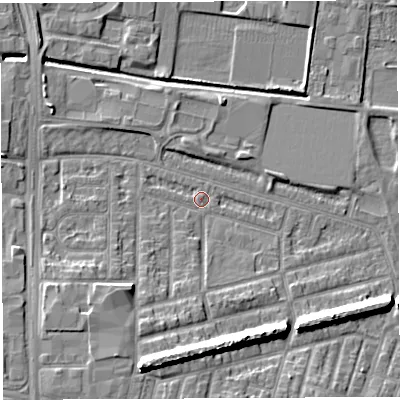 Shaded relief map of the ground around WA28AN, computed from Environment Agency LiDAR. The ground here sits at about 8 m above sea level and falls 11 m across the surrounding 800 m. Surface water reaching this point runs off ground lying to the south-south-west, 9.9 m higher.