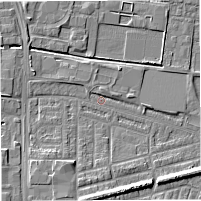 Shaded relief map of the ground around WA28AP, computed from Environment Agency LiDAR. The ground here sits at about 8 m above sea level and falls 11 m across the surrounding 800 m. Surface water reaching this point runs off ground lying to the south-west, 6.1 m higher.