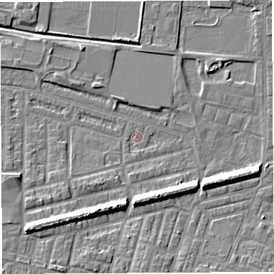 Shaded relief map of the ground around WA28AQ, computed from Environment Agency LiDAR. The ground here sits at about 8 m above sea level and falls 11 m across the surrounding 800 m. Surface water reaching this point runs off ground lying to the south-south-west, 1.2 m higher.