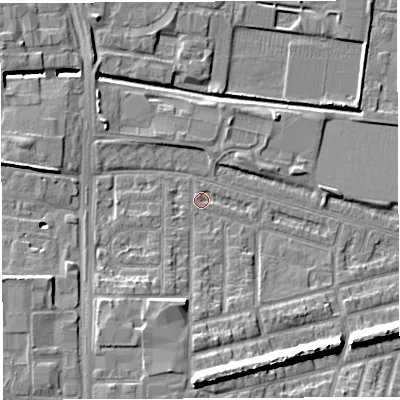 Shaded relief map of the ground around WA28AR, computed from Environment Agency LiDAR. The ground here sits at about 8 m above sea level and falls 11 m across the surrounding 800 m. Surface water reaching this point runs off ground lying to the south-south-west, 4.9 m higher.