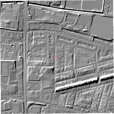Shaded relief map of the ground around WA28AS, computed from Environment Agency LiDAR. The ground here sits at about 9 m above sea level and falls 11 m across the surrounding 800 m. Surface water reaching this point runs off ground lying to the south-west, 4.4 m higher.