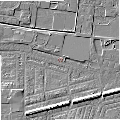 Shaded relief map of the ground around WA28AW, computed from Environment Agency LiDAR. The ground here sits at about 8 m above sea level and falls 11 m across the surrounding 800 m. Surface water reaching this point runs off ground lying to the south-south-west, 10.0 m higher.