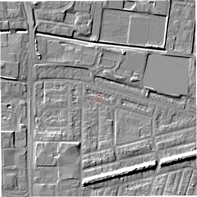 Shaded relief map of the ground around WA28AZ, computed from Environment Agency LiDAR. The ground here sits at about 8 m above sea level and falls 11 m across the surrounding 800 m. Surface water reaching this point runs off ground lying to the south, 9.5 m higher.