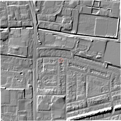 Shaded relief map of the ground around WA28BH, computed from Environment Agency LiDAR. The ground here sits at about 8 m above sea level and falls 11 m across the surrounding 800 m. Surface water reaching this point runs off ground lying to the west-south-west, 7.4 m higher.