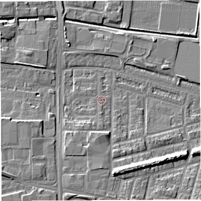 Shaded relief map of the ground around WA28BJ, computed from Environment Agency LiDAR. The ground here sits at about 9 m above sea level and falls 11 m across the surrounding 800 m. Surface water reaching this point runs off ground lying to the south-west, 3.3 m higher.