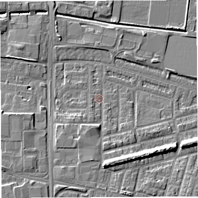 Shaded relief map of the ground around WA28BQ, computed from Environment Agency LiDAR. The ground here sits at about 9 m above sea level and falls 11 m across the surrounding 800 m. Surface water reaching this point runs off ground lying to the south-south-west, 4.6 m higher.