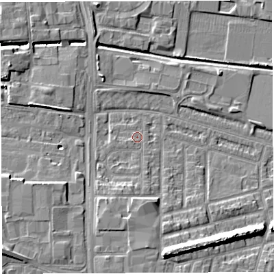 Shaded relief map of the ground around WA28BS, computed from Environment Agency LiDAR. The ground here sits at about 9 m above sea level and falls 11 m across the surrounding 800 m. Surface water reaching this point runs off ground lying to the south-south-west, 3.8 m higher.