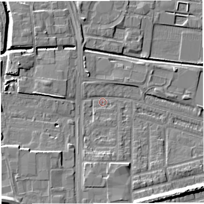 Shaded relief map of the ground around WA28BU, computed from Environment Agency LiDAR. The ground here sits at about 8 m above sea level and falls 12 m across the surrounding 800 m. Surface water reaching this point runs off ground lying to the west, 7.7 m higher.