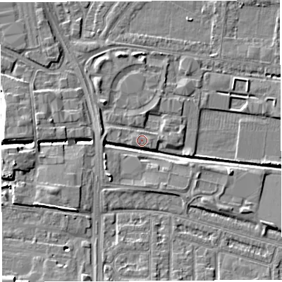 Shaded relief map of the ground around WA28DB, computed from Environment Agency LiDAR. The ground here sits at about 8 m above sea level and falls 8 m across the surrounding 800 m. Surface water reaching this point runs off ground lying to the south-west, 4.0 m higher.