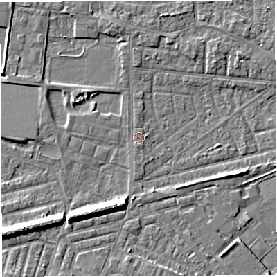 Shaded relief map of the ground around WA28DL, computed from Environment Agency LiDAR. The ground here sits at about 8 m above sea level and falls 9 m across the surrounding 800 m. Surface water reaching this point runs off ground lying to the east-south-east, 3.5 m higher.