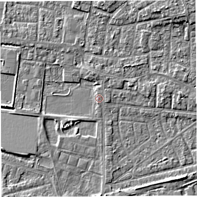 Shaded relief map of the ground around WA28DN, computed from Environment Agency LiDAR. The ground here sits at about 8 m above sea level and falls 6 m across the surrounding 800 m. Surface water reaching this point runs off ground lying to the south-west, 2.4 m higher.