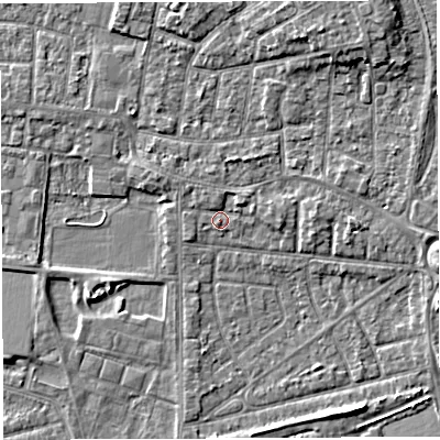 Shaded relief map of the ground around WA28DT, computed from Environment Agency LiDAR. The ground here sits at about 9 m above sea level and falls 5 m across the surrounding 800 m. Surface water reaching this point runs off ground lying to the north-north-west, 0.9 m higher.