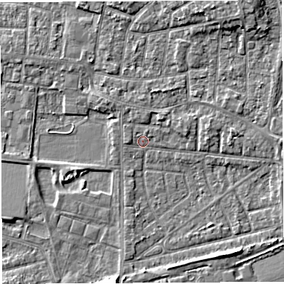 Shaded relief map of the ground around WA28DU, computed from Environment Agency LiDAR. The ground here sits at about 8 m above sea level and falls 7 m across the surrounding 800 m. Surface water reaching this point runs off ground lying to the west, 0.9 m higher.