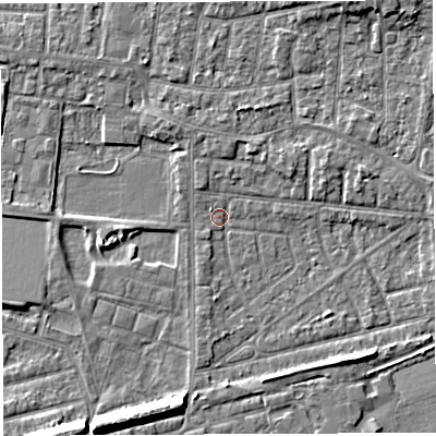 Shaded relief map of the ground around WA28DX, computed from Environment Agency LiDAR. The ground here sits at about 8 m above sea level and falls 8 m across the surrounding 800 m. Surface water reaching this point runs off ground lying to the south-east, 3.5 m higher.