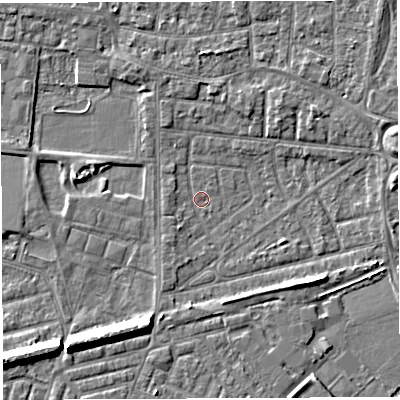 Shaded relief map of the ground around WA28DY, computed from Environment Agency LiDAR. The ground here sits at about 8 m above sea level and falls 8 m across the surrounding 800 m. Surface water reaching this point runs off ground lying to the south-east, 3.6 m higher.