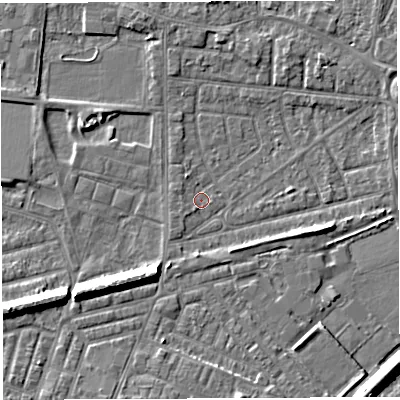 Shaded relief map of the ground around WA28DZ, computed from Environment Agency LiDAR. The ground here sits at about 8 m above sea level and falls 8 m across the surrounding 800 m. Surface water reaching this point runs off ground lying to the east-south-east, 3.6 m higher.