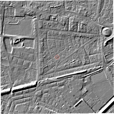 Shaded relief map of the ground around WA28EA, computed from Environment Agency LiDAR. The ground here sits at about 8 m above sea level and falls 8 m across the surrounding 800 m. Surface water reaching this point runs off ground lying to the east-north-east, 3.7 m higher.