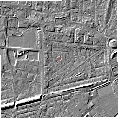 Shaded relief map of the ground around WA28EB, computed from Environment Agency LiDAR. The ground here sits at about 8 m above sea level and falls 8 m across the surrounding 800 m. Surface water reaching this point runs off ground lying to the south-east, 3.6 m higher.
