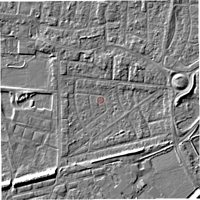 Shaded relief map of the ground around WA28ED, computed from Environment Agency LiDAR. The ground here sits at about 8 m above sea level and falls 8 m across the surrounding 800 m. Surface water reaching this point runs off ground lying to the east, 3.7 m higher.