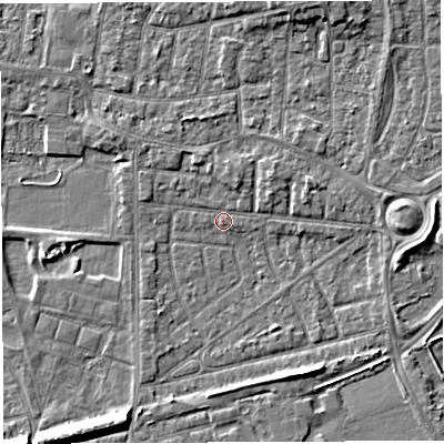 Shaded relief map of the ground around WA28EE, computed from Environment Agency LiDAR. The ground here sits at about 8 m above sea level and falls 8 m across the surrounding 800 m. Surface water reaching this point runs off ground lying to the east, 3.7 m higher.