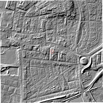 Shaded relief map of the ground around WA28EF, computed from Environment Agency LiDAR. The ground here sits at about 9 m above sea level and falls 6 m across the surrounding 800 m. Surface water reaching this point runs off ground lying to the east, 1.2 m higher.