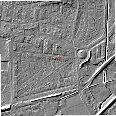Shaded relief map of the ground around WA28EJ, computed from Environment Agency LiDAR. The ground here sits at about 9 m above sea level and falls 8 m across the surrounding 800 m. Surface water reaching this point runs off ground lying to the south-east, 6.1 m higher.