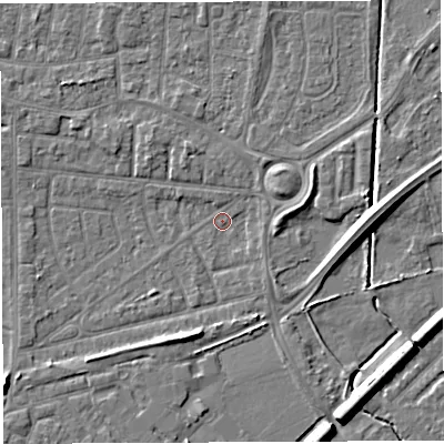 Shaded relief map of the ground around WA28EL, computed from Environment Agency LiDAR. The ground here sits at about 8 m above sea level and falls 7 m across the surrounding 800 m. Surface water reaching this point runs off ground lying to the east, 5.4 m higher.