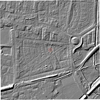 Shaded relief map of the ground around WA28EN, computed from Environment Agency LiDAR. The ground here sits at about 8 m above sea level and falls 8 m across the surrounding 800 m. Surface water reaching this point runs off ground lying to the south-east, 6.2 m higher.