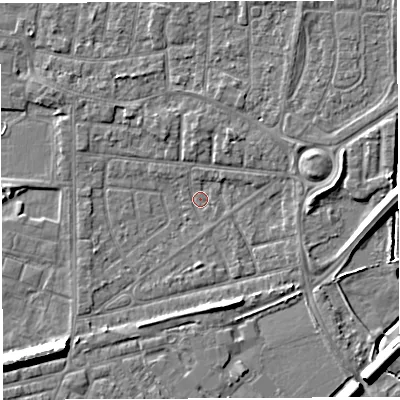 Shaded relief map of the ground around WA28EP, computed from Environment Agency LiDAR. The ground here sits at about 8 m above sea level and falls 8 m across the surrounding 800 m. Surface water reaching this point runs off ground lying to the south-east, 6.2 m higher.