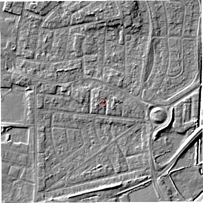 Shaded relief map of the ground around WA28EQ, computed from Environment Agency LiDAR. The ground here sits at about 9 m above sea level and falls 6 m across the surrounding 800 m. Surface water reaching this point runs off ground lying to the east, 1.4 m higher.