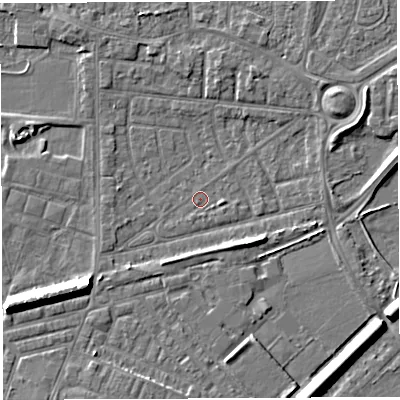 Shaded relief map of the ground around WA28ER, computed from Environment Agency LiDAR. The ground here sits at about 8 m above sea level and falls 8 m across the surrounding 800 m. Surface water reaching this point runs off ground lying to the south-south-east, 6.7 m higher.