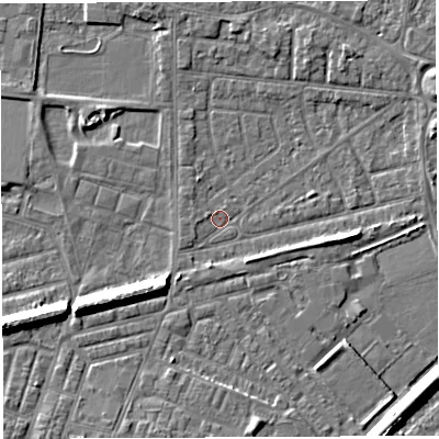 Shaded relief map of the ground around WA28ES, computed from Environment Agency LiDAR. The ground here sits at about 8 m above sea level and falls 8 m across the surrounding 800 m. Surface water reaching this point runs off ground lying to the east, 3.6 m higher.
