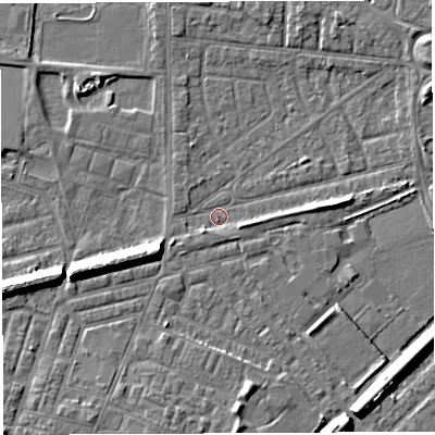 Shaded relief map of the ground around WA28ET, computed from Environment Agency LiDAR. The ground here sits at about 8 m above sea level and falls 8 m across the surrounding 800 m. Surface water reaching this point runs off ground lying to the east, 3.5 m higher.