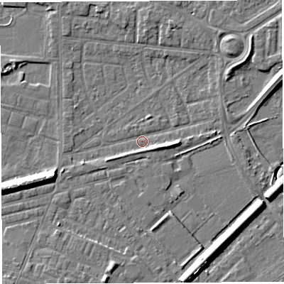 Shaded relief map of the ground around WA28EU, computed from Environment Agency LiDAR. The ground here sits at about 8 m above sea level and falls 8 m across the surrounding 800 m. Surface water reaching this point runs off ground lying to the east-south-east, 2.3 m higher.