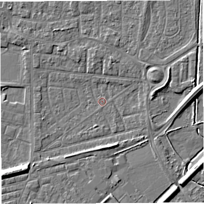 Shaded relief map of the ground around WA28EW, computed from Environment Agency LiDAR. The ground here sits at about 8 m above sea level and falls 8 m across the surrounding 800 m. Surface water reaching this point runs off ground lying to the south-east, 6.2 m higher.