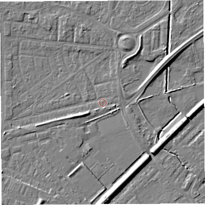 Shaded relief map of the ground around WA28EX, computed from Environment Agency LiDAR. The ground here sits at about 8 m above sea level and falls 8 m across the surrounding 800 m. Surface water reaching this point runs off ground lying to the south, 7.3 m higher.