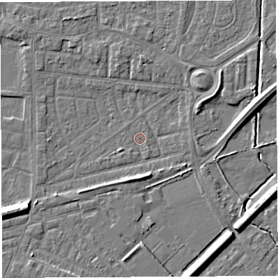 Shaded relief map of the ground around WA28EY, computed from Environment Agency LiDAR. The ground here sits at about 8 m above sea level and falls 8 m across the surrounding 800 m. Surface water reaching this point runs off ground lying to the south-east, 6.0 m higher.