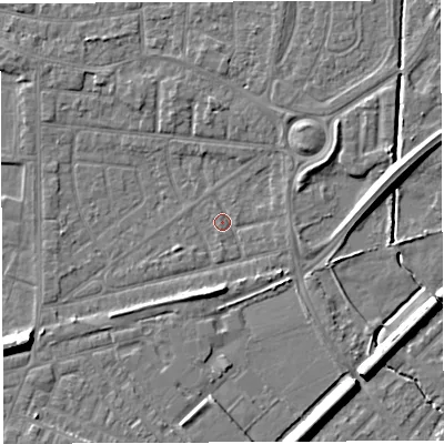 Shaded relief map of the ground around WA28EZ, computed from Environment Agency LiDAR. The ground here sits at about 8 m above sea level and falls 8 m across the surrounding 800 m. Surface water reaching this point runs off ground lying to the south-east, 6.4 m higher.