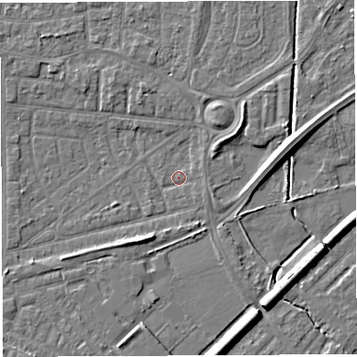 Shaded relief map of the ground around WA28HA, computed from Environment Agency LiDAR. The ground here sits at about 8 m above sea level and falls 7 m across the surrounding 800 m. Surface water reaching this point runs off ground lying to the east-north-east, 5.4 m higher.