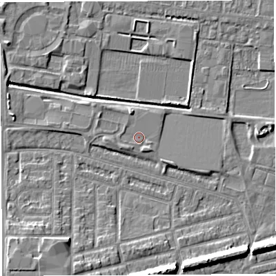 Shaded relief map of the ground around WA28HE, computed from Environment Agency LiDAR. The ground here sits at about 9 m above sea level and falls 11 m across the surrounding 800 m. Surface water reaching this point runs off ground lying to the west, 1.2 m higher.