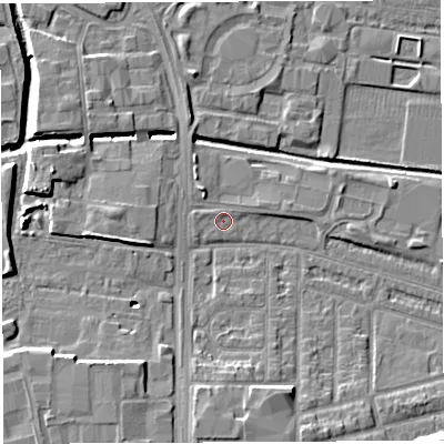 Shaded relief map of the ground around WA28HR, computed from Environment Agency LiDAR. The ground here sits at about 8 m above sea level and falls 11 m across the surrounding 800 m. Surface water reaching this point runs off ground lying to the east-north-east, 0.9 m higher.