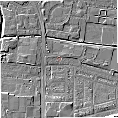 Shaded relief map of the ground around WA28HS, computed from Environment Agency LiDAR. The ground here sits at about 8 m above sea level and falls 11 m across the surrounding 800 m. Surface water reaching this point runs off ground lying to the north-east, 1.0 m higher.