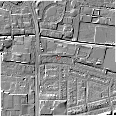 Shaded relief map of the ground around WA28HT, computed from Environment Agency LiDAR. The ground here sits at about 8 m above sea level and falls 10 m across the surrounding 800 m. Surface water reaching this point runs off ground lying to the east-north-east, 1.2 m higher.